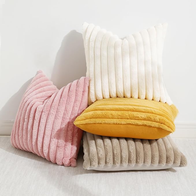 decorUhome Summer Cozy Faux Fur Throw Pillow Covers 12x20 Set of 2 Decorative Soft Plush Striped Lumbar Modern Farmhouse Boho Couch Pillow Cases with Velvet Back for Sofa Bed Living Room, Pink