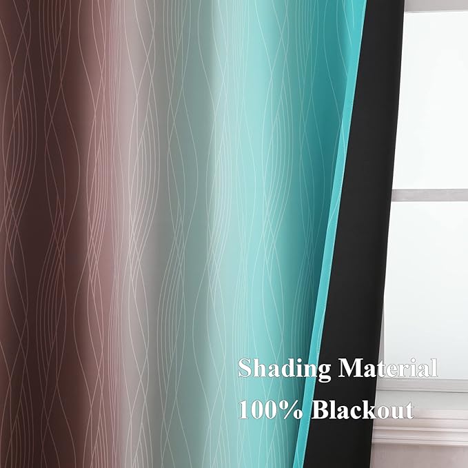 Estelar Textiler Teal and Brown Ombre Blackout Curtains 72 Inches Length for Bedroom, Thermal Insulated Full Light Blocking Grommet Gradient Blackout Drapes for Living Room, 52Wx72L, 2 Panels