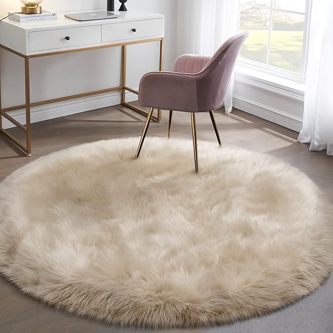 Tangsoo Round Faux Fur Rugs, Sheepskin Round Rugs 3ft, Soft Small Circle Rug, 3x3 Beige Fuzzy Plush Fur Rug, Shag Circular Rugs Floor Carpet for Bedroom, Kids Room, Nursery, Girls Room, Dorm