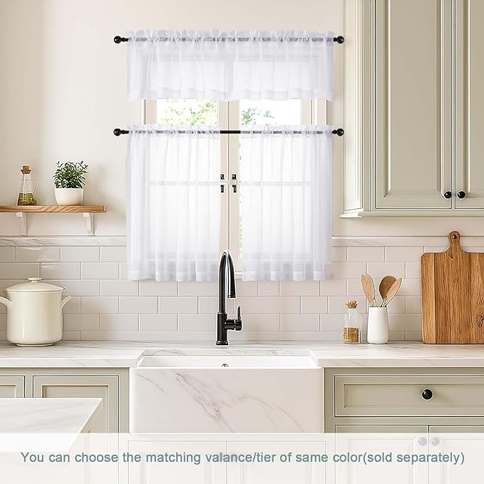 White Small Sheer Curtains 2 Panels Set, Kitchen Curtains 24 Inch Length, Elegant Light Filtering Short Window Drapes for Living Room Bedroom, Dual Rod Pocket Design, 2x42Wx24L Inches