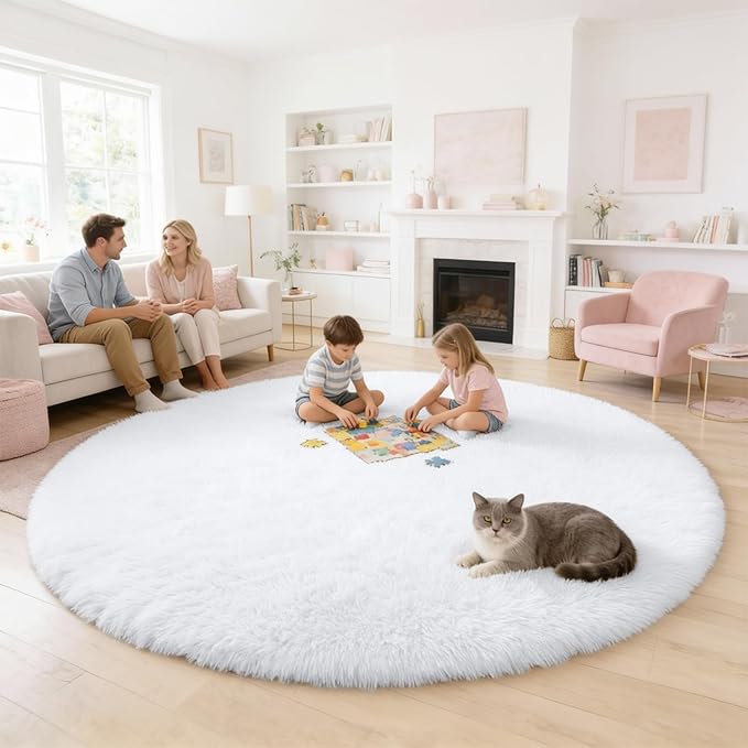 OLANLY White Round Rugs for Bedroom - Machine Washable, 8 ft Circle Area Rugs for Living Room, Soft and Fluffy Shaggy Carpet for Teen Girls and Boys, Nursery Rooms, Dorms, Home Decor Aesthetic