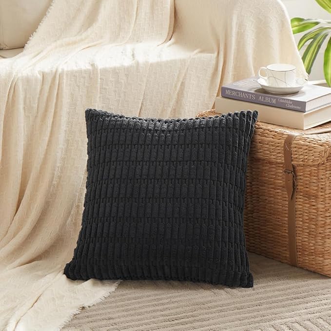 Fancy Homi 4 Packs Boho Black Decorative Throw Pillow Covers 24x24 Inch for Living Room Couch Bed Sofa, Rustic Modern Farmhouse Home Decor, Soft Plush Corduroy Cute Square Cushion Case 60x60 cm