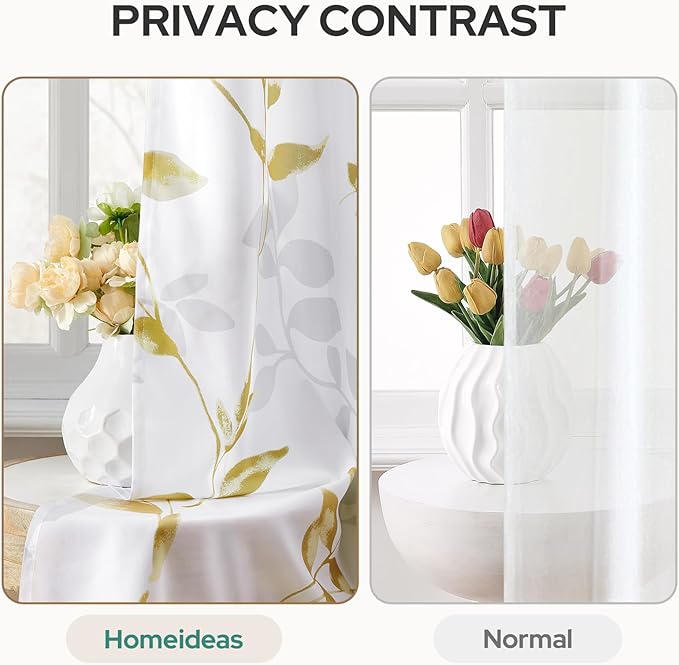 HOMEIDEAS Non-See-Through Gold and White Privacy Sheer Curtains 52 X 63 Inch Length 2 Panels, Leaf Floral Printed Light Filtering Semi Sheer Window Curtains Drapes for Bedroom Living Room