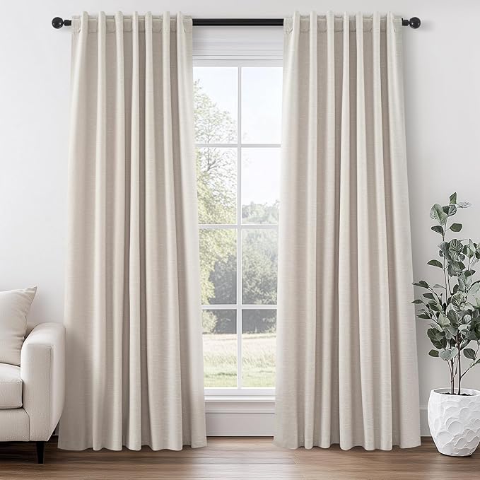 Topfinel Oatmeal Linen Blackout Curtains 96 Inches Long 8 FT Tall 2 Panels, Modern Decorative Sound/Draft/Cold/Warm Blocking Heavy Thermal Rustic Country Curtains for Living Room 52x96 2 pcs