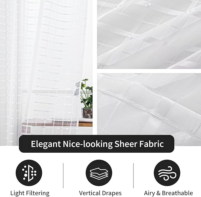 SpaceDresser Check Sheer Curtains 96 Inches Long for Living Room, Rod Pocket Plaid Semi Sheer Drapes for Kitchen Bedroom（White, 52W x 96L）