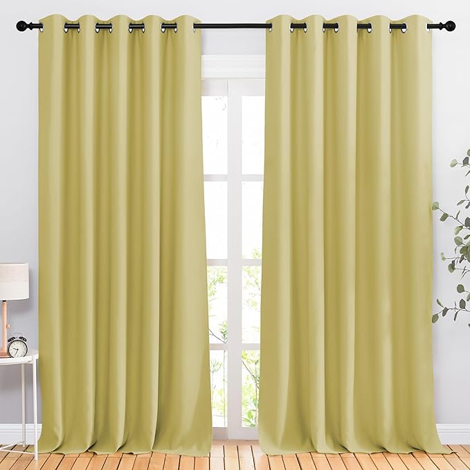 NICETOWN Room Darkening Curtains for Windows - Home Fashion Energy Saving Grommet Top Thermal Insulated Drapes for Bedroom/Patio Door (Paler Yellow, 1 Pair, 66 by 90 Inch)