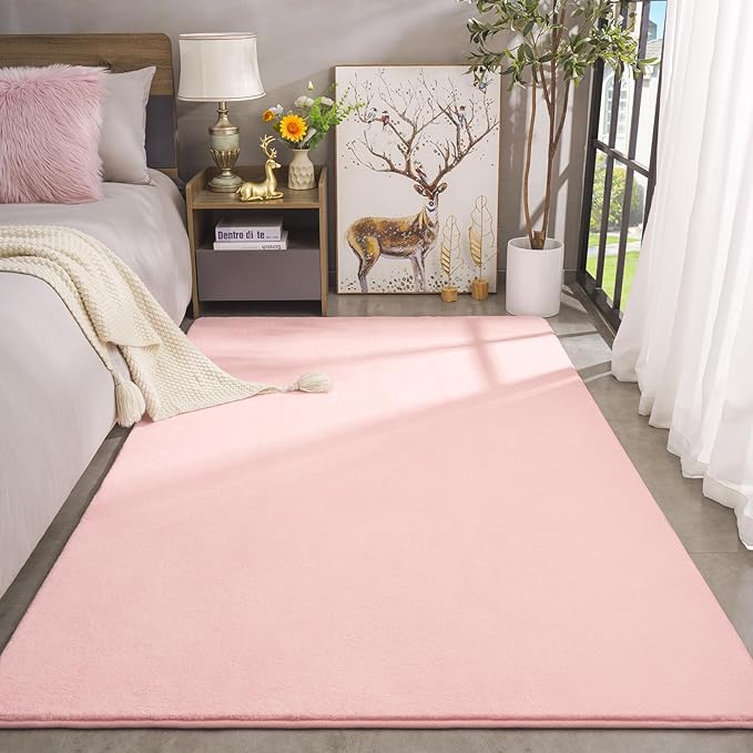 Amearea Modern Area Rugs for Bedroom Living Room, 4x6 Feet Pink Thickened Memory Foam Rug, Fluffy Indoor Washable Rugs Non Slip Minimalist Carpet for Kids Boys Girls Dorm Nursery Room Decor