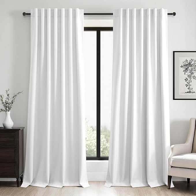 Topfinel 95 inch Living Room Curtains 2 Panels 100% Blackout Linen Texture Curtain Beige White Window Drapes with Back Tab Rod Pocket Light Blocking Thermal Insulated Curtains Pinch Pleated Drapes