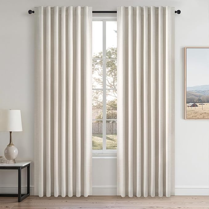 Topfinel 86 Inches Long Linen Blackout Curtains 2 Panels Set for Living Room Cream Birch Linen Texture Modern Farmhouse 100% Black Out Room Darkening Back Tab Rod Pocket(W52 xL80)