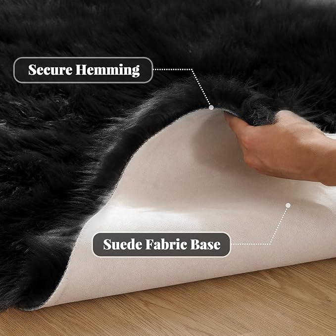 ORINOVA Black Washable Fluffy Area Rugs for Bedroom Shaggy Faux Sheepskin Fuzzy Fur Carpet for Living Room Hallway Nursery Rugs Runner 2x6
