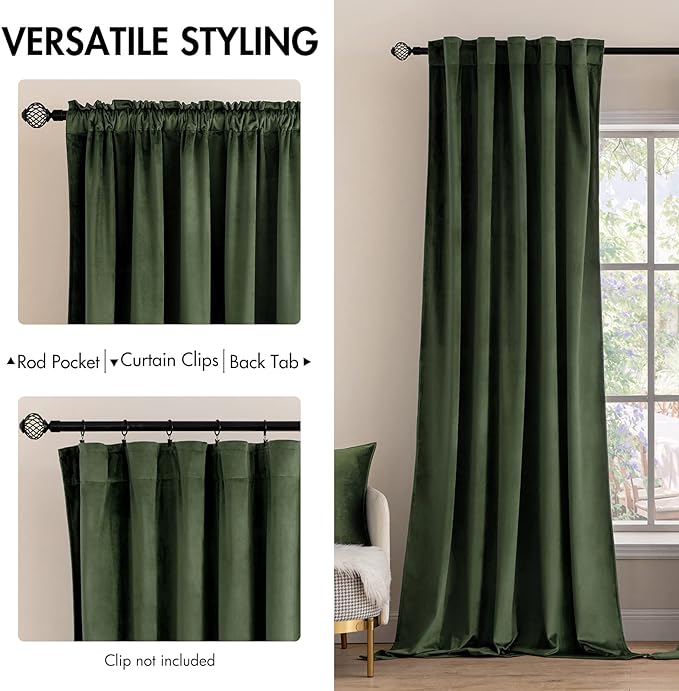 MIULEE Velvet Curtains 92 inches - Luxury Blackout Curtains for Bedroom Living Room Thermal Insulated Super Soft Window Drapes Rod Pocket & Back Tab, Olive Green, W52 x L92 inches, 2 Panels