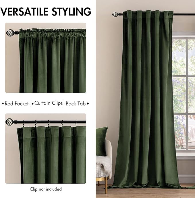 MIULEE Velvet Curtains 108 inches Long 2 Panels - Luxury Blackout Curtains for Bedroom Living Room Thermal Insulated Super Soft Window Drapes Rod Pocket & Back Tab, Olive Green