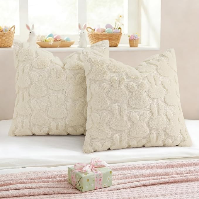 decorUhome Easter Bunny Pillow Covers 20x20 Inch Set of 2, Soft Plush Faux Wool Jacquard Beige Rabbit Cushion Covers, Farmhouse Neutral Spring Easter Holiday Decor for Couch Sofa Bed