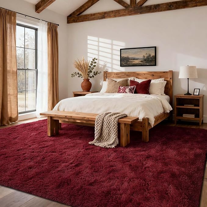 9x12 Ft Extra Large Shag Rugs for Living Room, Ultra Soft Fluffy Furry Area Rugs for Bedroom Indoor Floor, Aesthetic Carpet for Kids Home Decor (Burgundy)