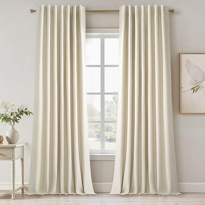Cream Extra Long 132 Inch 100% Blackout Curtains for Livingroom Neutral Boho Linen Blend Farmhouse Curtain Drapes Sound Proof Drapes Privacy Ceiling Track Villa Bedroom 11Ft(W52 xL132 2 Panels)