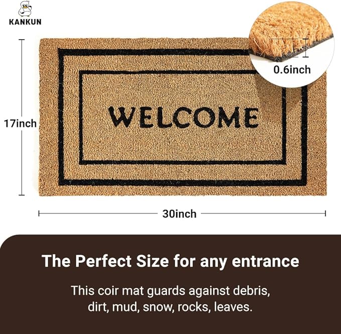 KANKUN Coco Coir Door Mat with Heavy Duty Backing, Welcome Doormat (17" x 30"), Doormat Entrance (Double Box)