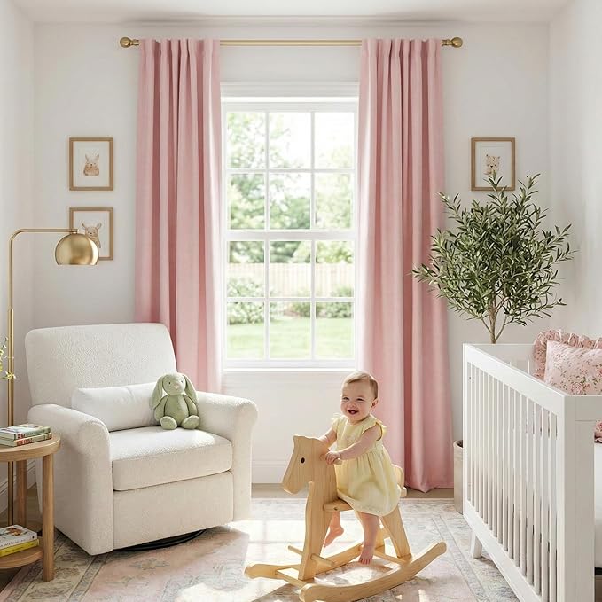 100% Blackout Shield Linen Blackout Curtains for Bedroom 96 Inches Long, Back Tab/Rod Pocket Living Room Drapes, Thermal Insulated Blackout Curtains 2 Panels Set, 50" W x 96" L,Baby Pink