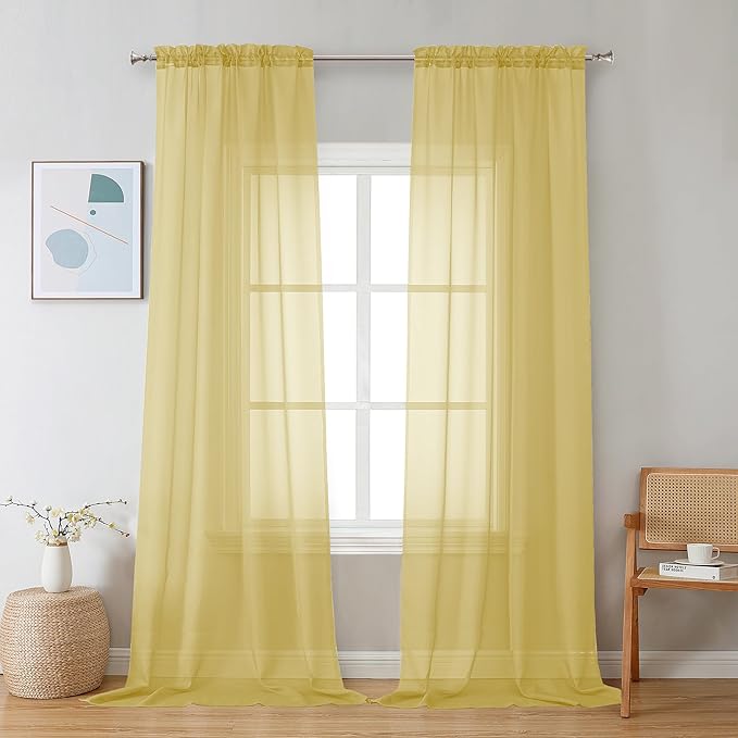 Chyhomenyc Mustard Yellow Sheer Curtains 96 inches Long 2 Panels, Light Filtering Soft Airy Solid Elegant Voile Window Treatment Drapes for Bedroom Living Room, 42Wx96L, 8FT L
