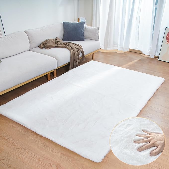 ORINOVA White Faux Rabbit Fluffy Fur Area Rugs for Bedroom Living Room Machine Washable Shag Rug 4x6 Nursery Rug Teen Room Decor