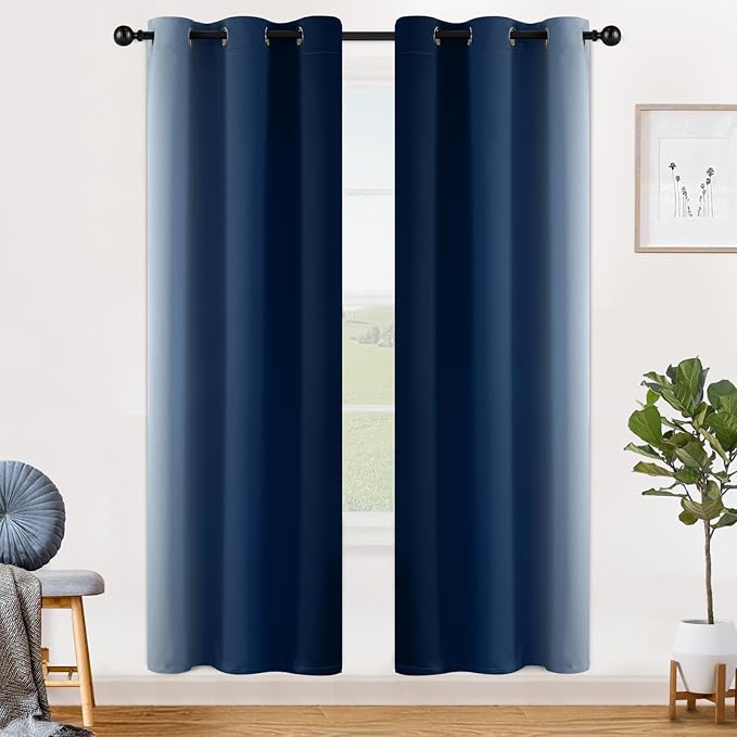 SimpleHome Ombre Room Darkening Curtains for Living Room, Light Blocking Dark Blue to Greyish White Thermal Insulated Grommet Window Curtains/Drapes for Bedroom, 2 Panels, 42x72 inches Length