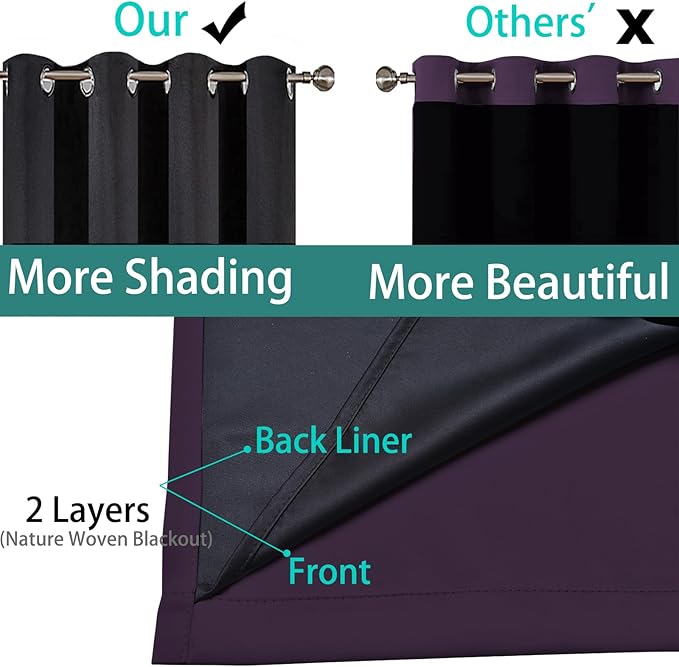 Yakamok 100% Blackout Curtains 84 Inches Long, 2 Thick Layers Heat and Full Light Blocking Soft Thermal Insulated Drapes for Bedroom(52" Wide Each Panel, Purple, 1 Panel)