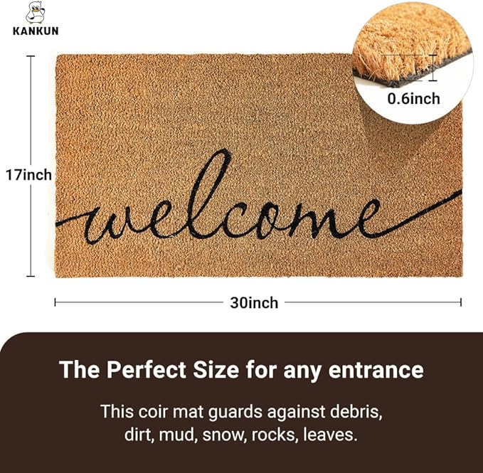 KANKUN Coco Coir Door Mat with Heavy Duty Backing, Welcome Doormat (17" x 30"), Doormat Entrance (Welcome1-2Pack)