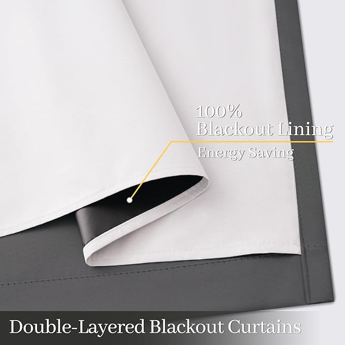 Yakamok 100% Blackout Curtain Panels 63 inches Cold and Light Blocking Drapes for Nursery, 2 Thick Layers Thermal Insulated Draperies (2 Pieces, 50 Wide Each Panel, Charcoal Grey/White Backing)