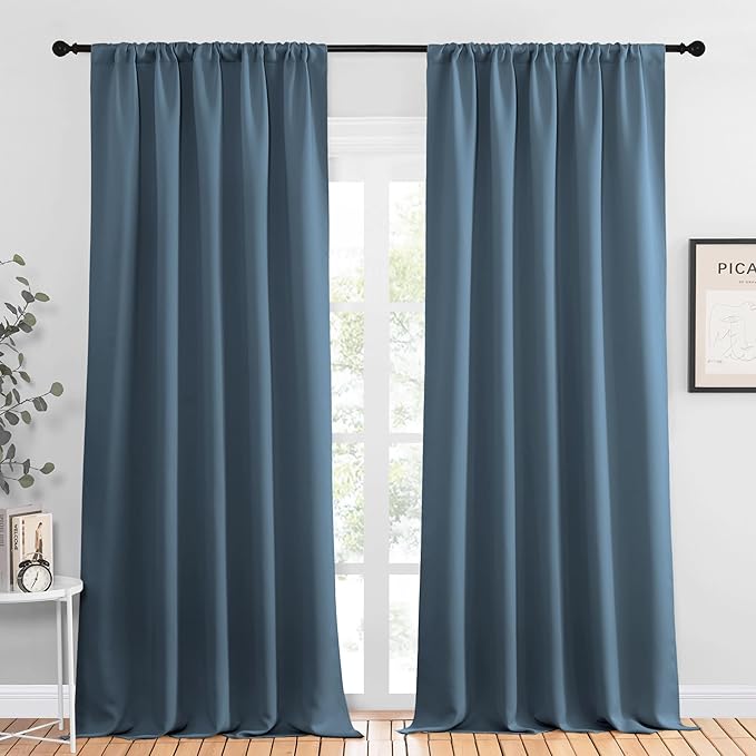 NICETOWN Blackout Curtains for Living Curtains, Smoky Blue, 2 Panels, 52 by 95, Room Darkening Window Curtain Panels, Easy-Care Solid Thermal Insulated Draperies/Drapes for Daughter Room
