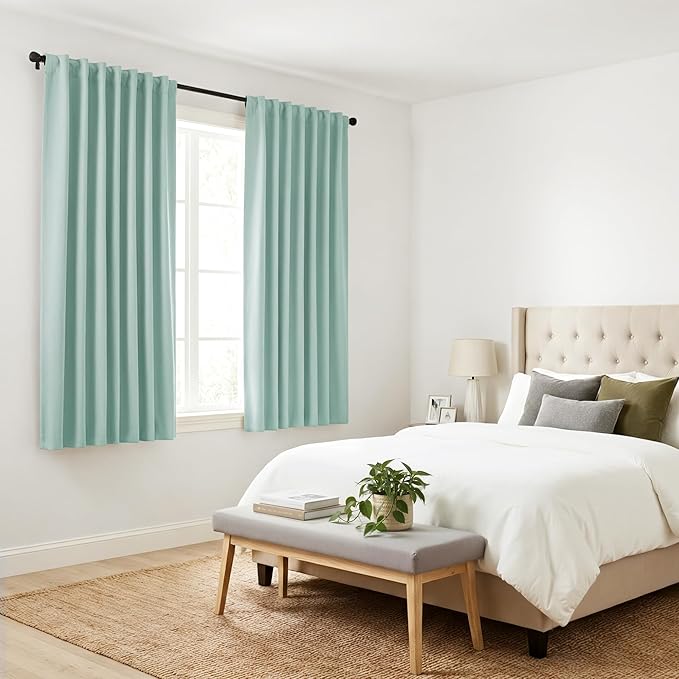 PONY DANCE Short Curtain Panels - Kitchen Curtains Room Darkening Light Blocking Energy Saving Short Drapes/Bedroom with Back Tab Home Decor, 42 in Wide by 45 Long, Mint Green, 2 PCs
