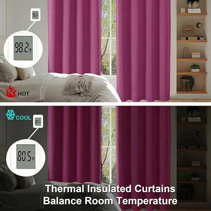 Simplebrand Ava Hot Pink Short Blackout Curtains for Bedroom 45 Inches Long 2 Panels Set, Solid Thermal Insulated, Energy Saving Window Treatment Curtains Blackout Drapes, W40 x L45 Inch
