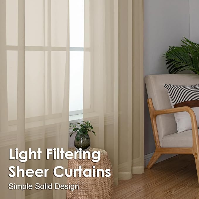 OVZME Taupe Sheer Curtains 96 Inches Long 2 Panels - Soft Light Filtering Window Sheer Panels for Living Room/Bedroom, Top Dual Rod Pocket, 1 Pair, Each 42Wx96L Inches