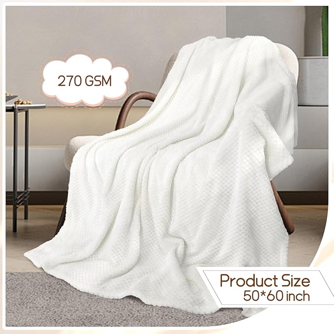 4 Pack Fleece Throw Blankets 50x60 Inches - Oeko-Tex Certified 100, 270 GSM Ultra Soft Plush for Bed, Couch and Cozy Gifts. 3D Waffle Texture, No Shedding No Pilling All Season (White)