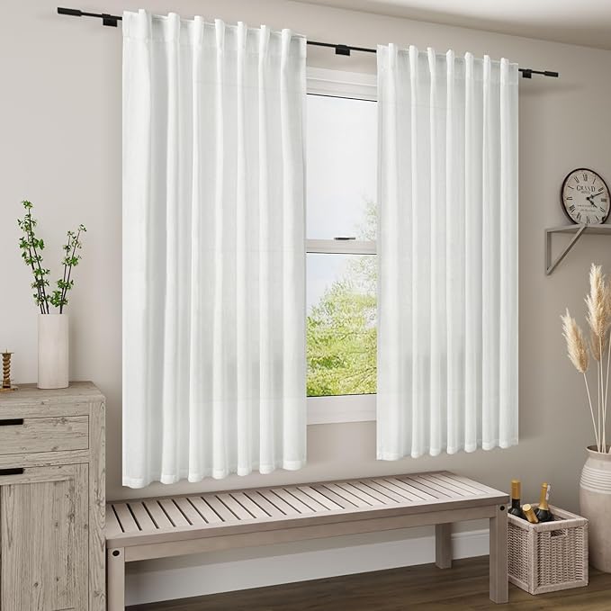Nanspring Linen 72 Inch Curtains for Living Room Pure White Modern Farmhouse Semi Sheer Curtains Back Tab and Rod Pocket Linen Textured Curtain Drapes for Bedroom 34 x 72 Inch, 2 Panels