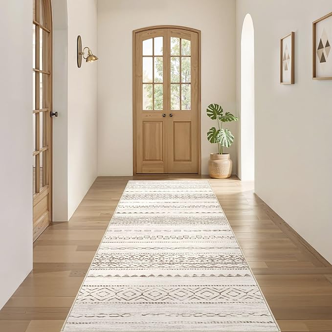 Nakagishi Runner Rug Kitchen Washable Rugs: 2x6 Non-Slip Boho Soft Modern Stain Resistant Indoor Floor Neutral Farmhouse Throw Carpet for Hallway Bathroom Laundry Room Entryway Bedroom- Brown