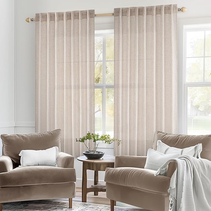 MIULEE Natural White Short Linen Curtains 45 Inch Length 2 Panels for Kitchen Bedroom Bathroom, Soft Thick Linen Textured Basement Window Drapes Semi Sheer Light Filtering Back Tab Rod Pocket