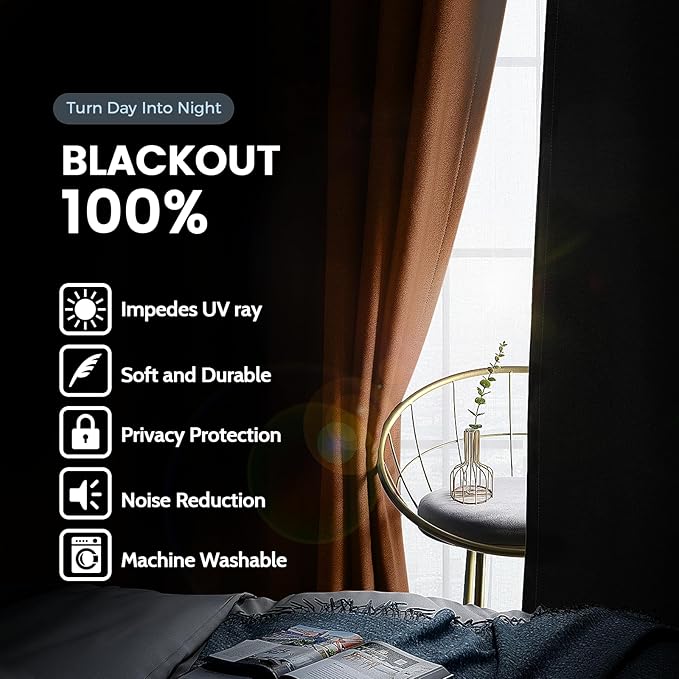 SimpleHome 100% Blackout Curtains for Bedroom,Thermal Insulated Orange Grommet Window Drapes Room Darkening Curtains for Living Room with Black Back,52 x 96 Inch,2 Panels