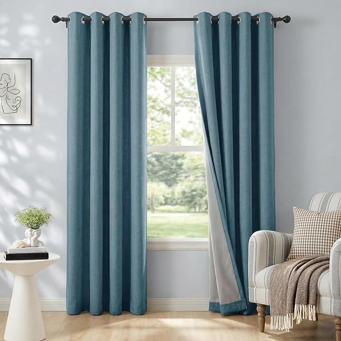 100% Blackout Shield Linen Blackout Curtains for Bedroom, Stone Blue Grommet Curtains for Living Room, Thermal Insulated Room Darkening Drapes for Nursery, Boho Home Decor, 50" W x 72" L, 2 Panels