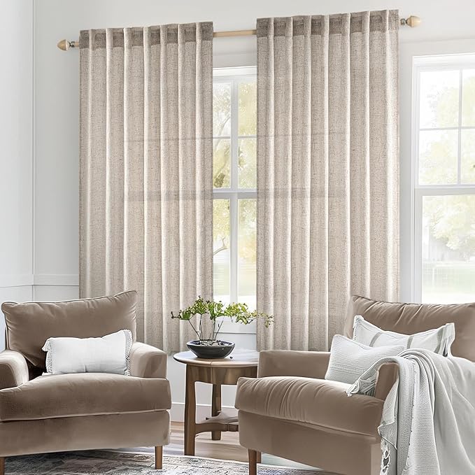 MIULEE Natural Linen Curtains 63 Inch Length 2 Panels for Bedroom Living Room, Soft Linen Textured Window Drapes Semi Sheer Light Filtering Back Tab Rod Pocket Farmhouse Modern Burlap Look Decor