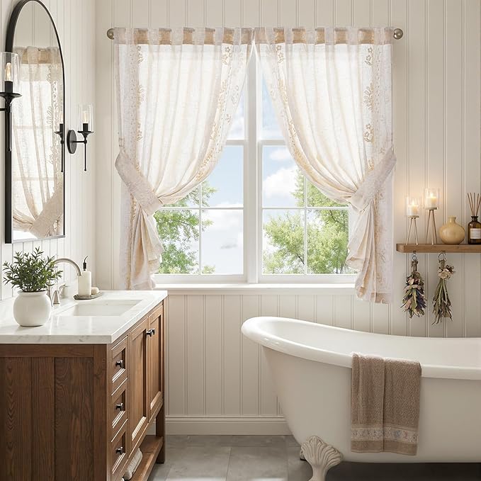 jinchan Belrose Linen Floral Cafe Curtains 54 Inch Length Embroidered Farmhouse Curtains for Kitchen Bedroom Bathroom Small Windows Curtain Set Light Filtering 2 Panels Ivory