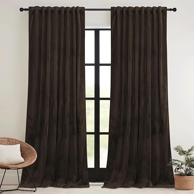 RYB HOME Brown Velvet Curtains 84 inches with Hook Belt, Soft Fabric Room Darkening Thermal Insulated Luxurious Home Decor Curtains for Living Room Bedroom, W 42" x L 84", 2 Panels Set