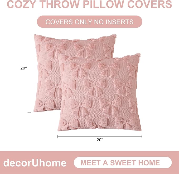decorUhome Pink Bow Pillow Covers Set of 2 Coquette Aesthetic Cute Preppy Plush Faux Pillowcases for Girly Bedroom or Couch 20x20 Inch