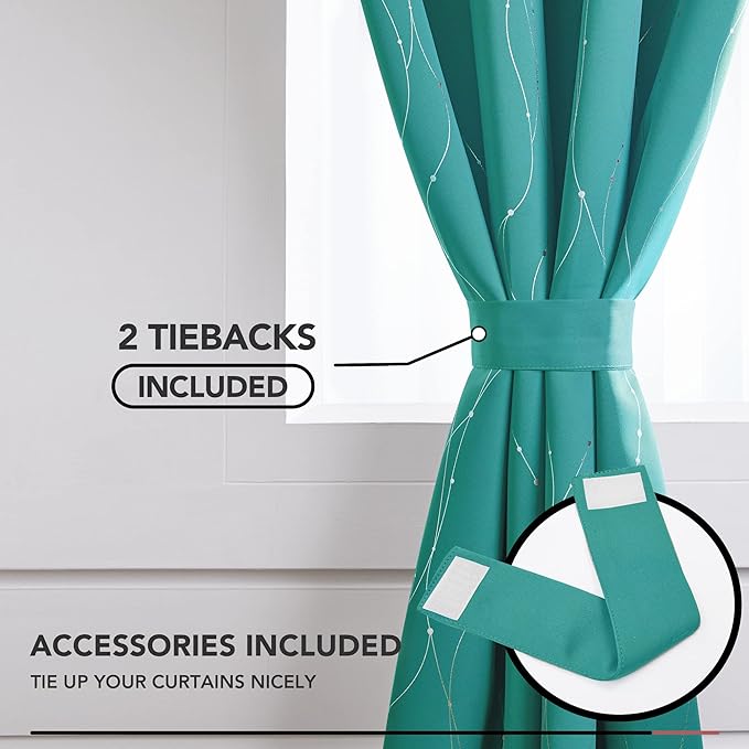 Deconovo Blackout Curtains, Thermal Insulated Soundproof Grommet Drapes, Wave Dots Silver Print, 42 x 54 Inch, Set of 2, Machine Washable Panels for Kitchen Bedroom Living Room Nursery, Turquoise