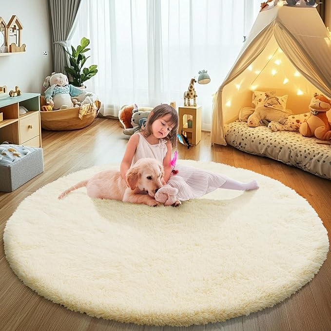 yulidayang Fluffy Round Area Rugs for Bedroom,Ivory 6'X6'Shag Circle Area Rugs for Girls Room,Non Slip Fuzzy Plush Rug for Kids Room Living Room and Dorm Home Rug