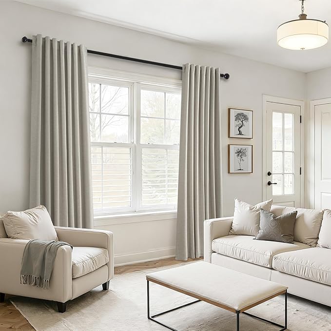 Topfinel 100% Blackout Grey Linen 96 Inch Length Curtains for Living Room 100% Blackout Pleated Drapes Noise Reducing Thermal Insulated Curtain Panels for Bedroom 2 Panels Flax Grey