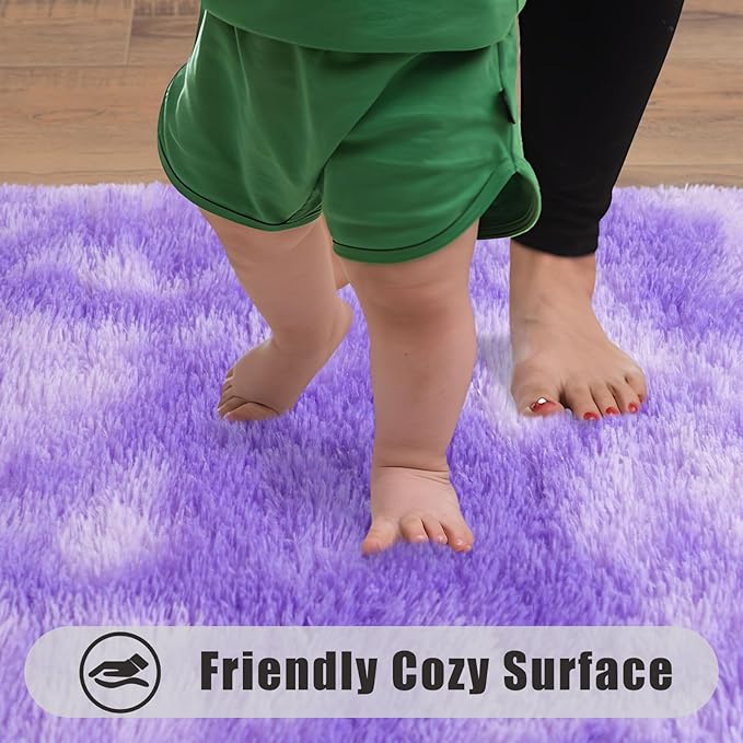 Soft Runner Rugs for Bedroom Hallways, 2x6 Tie-Dyed Purple Fluffy Shag Throw Area Rug Non Slip for Bedside Dorm, Long Shaggy Furry Carpet for Nursery Living Room
