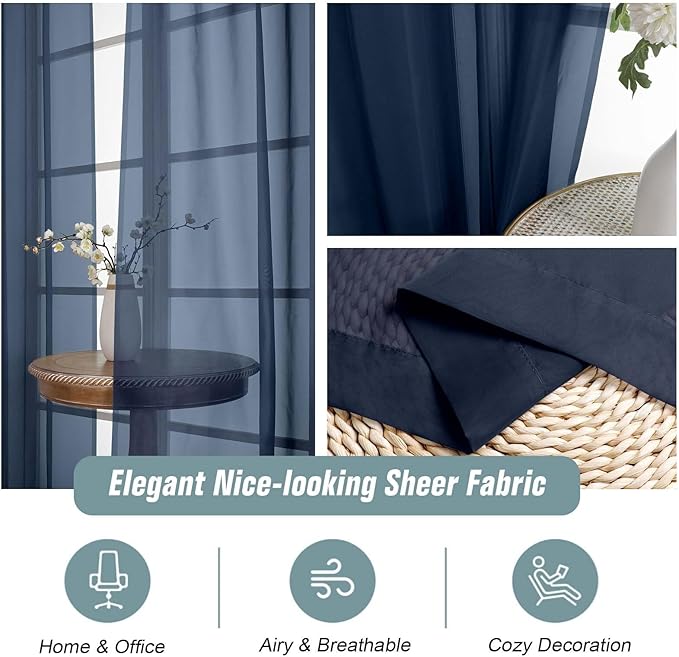 Navy Blue Sheer Curtains 90 Inches Long 2 Panels, Light Filtering Solid Sheer Curtains for Bedroom Living Room, Lightweight Soft Airy Voile Sheer Drapes, Dual Rod Pocket, 2x42Wx90L Inches