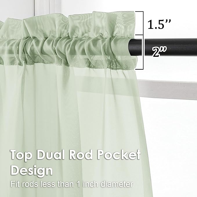 OVZME Light Green Sheer Curtains 90 Inches Long 2 Panels - Soft Light Filtering Window Sheer Panels for Living Room/Bedroom, Top Dual Rod Pocket, 1 Pair, Each 42Wx90L Inches