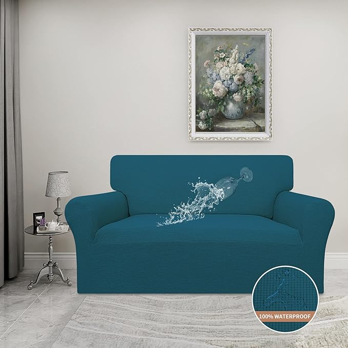 Easy-Going 100% Waterproof Loveseat Couch Cover, Dual Waterproof Sofa Cover, Stretch Jacquard Sofa Slipcover, Leakproof Furniture Protector for Kids, Pets, Dog and Cat (Loveseat, Peacock Blue)