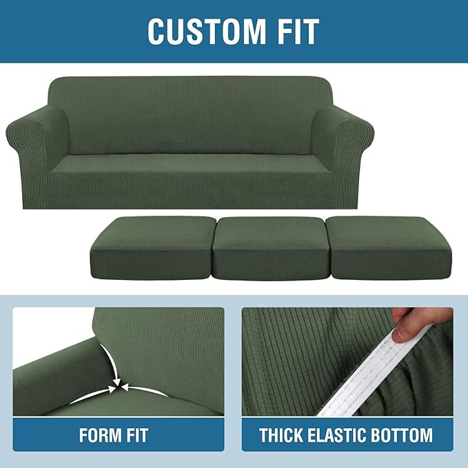 H.VERSAILTEX 4 Piece Stretch Sofa Covers for 3 Cushion Couch Covers for Living Room Furniture Slipcovers (Base Cover Plus 3 Seat Cushion Covers) Thicker Jacquard Fabric (Large Sofa, Bronze Green)