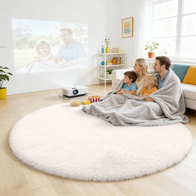 OLANLY Ivory Round Rugs for Bedroom - Machine Washable, 5 ft Circle Area Rugs for Living Room, Soft and Fluffy Shaggy Carpet for Teen Girls and Boys, Nursery Rooms, Dorms, Home Decor Aesthetic